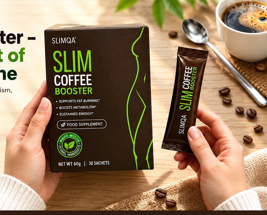 SlimQA Coffee Booster box and sachet beside coffee in a warm natural setting